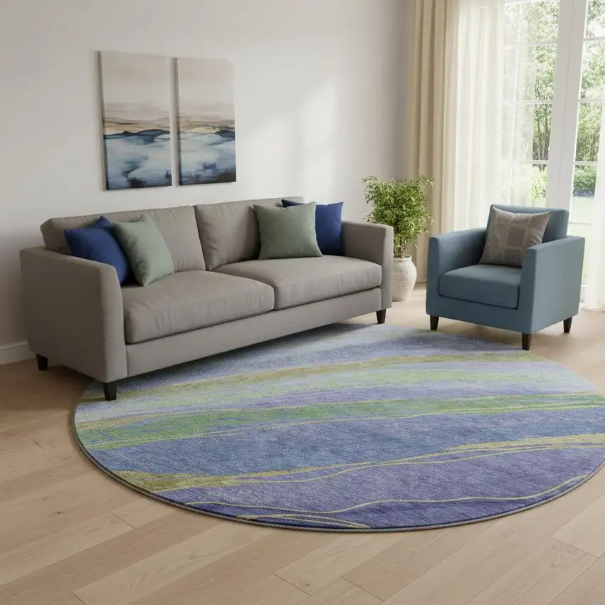 8' Purple And Green Abstract Washable Round Rug With UV Protection Photo 2