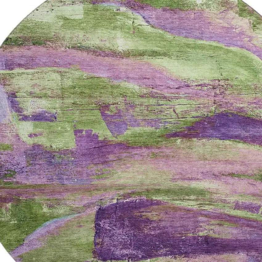 8' Purple And Green Abstract Washable Round Rug With UV Protection Photo 3