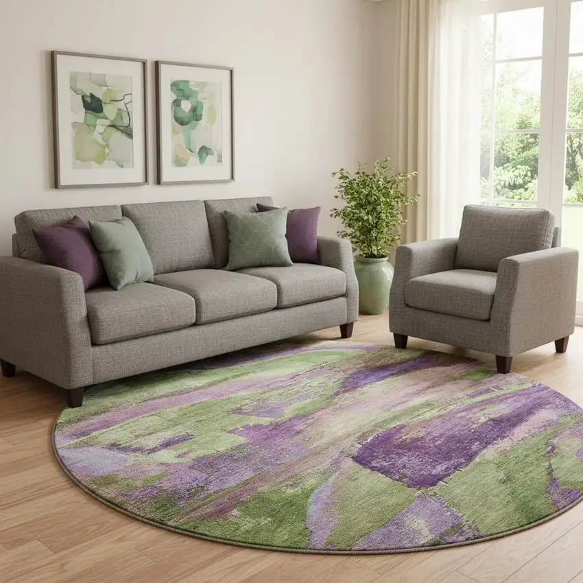 8' Purple And Green Abstract Washable Round Rug With UV Protection Photo 2