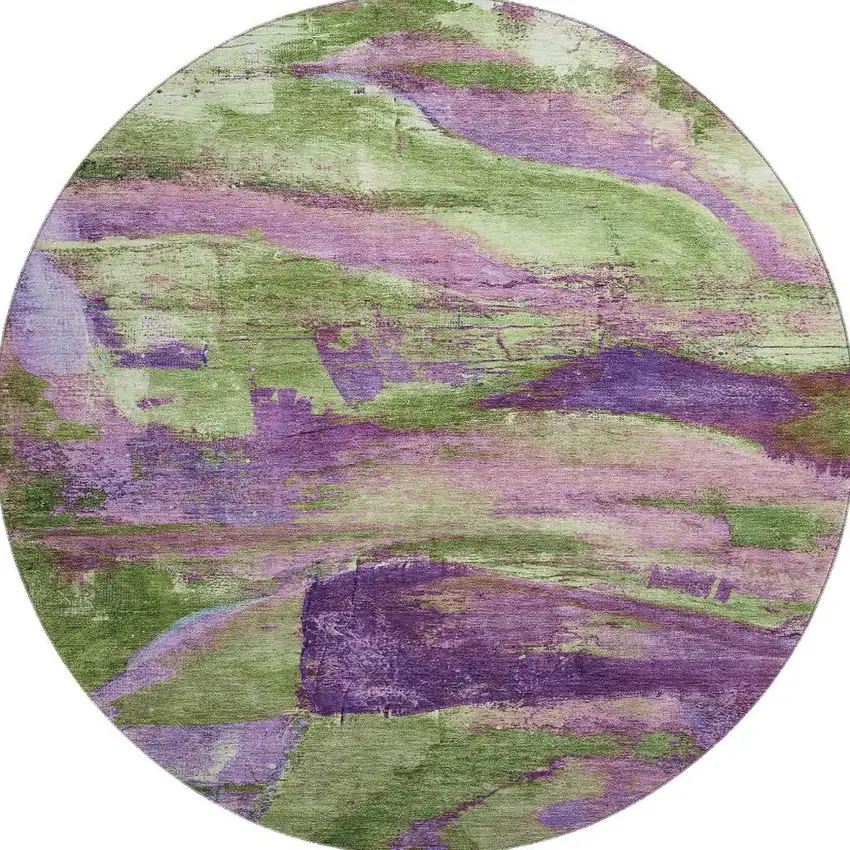 8' Purple And Green Abstract Washable Round Rug With UV Protection Photo 4
