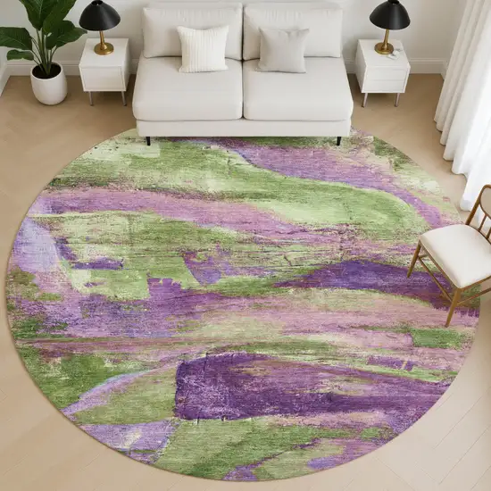 8' Purple And Green Abstract Washable Round Rug With UV Protection Photo 5