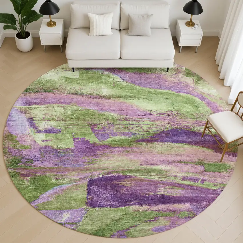 8' Purple And Green Abstract Washable Round Rug With UV Protection Photo 5