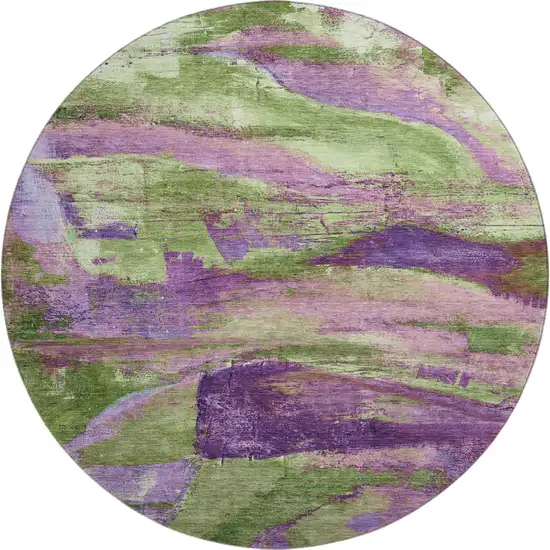 8' Purple And Green Abstract Washable Round Rug With UV Protection Photo 1