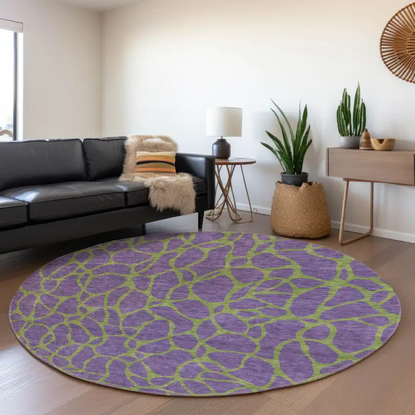 8' Purple And Green Geometric Washable Round Rug With UV Protection Photo 5