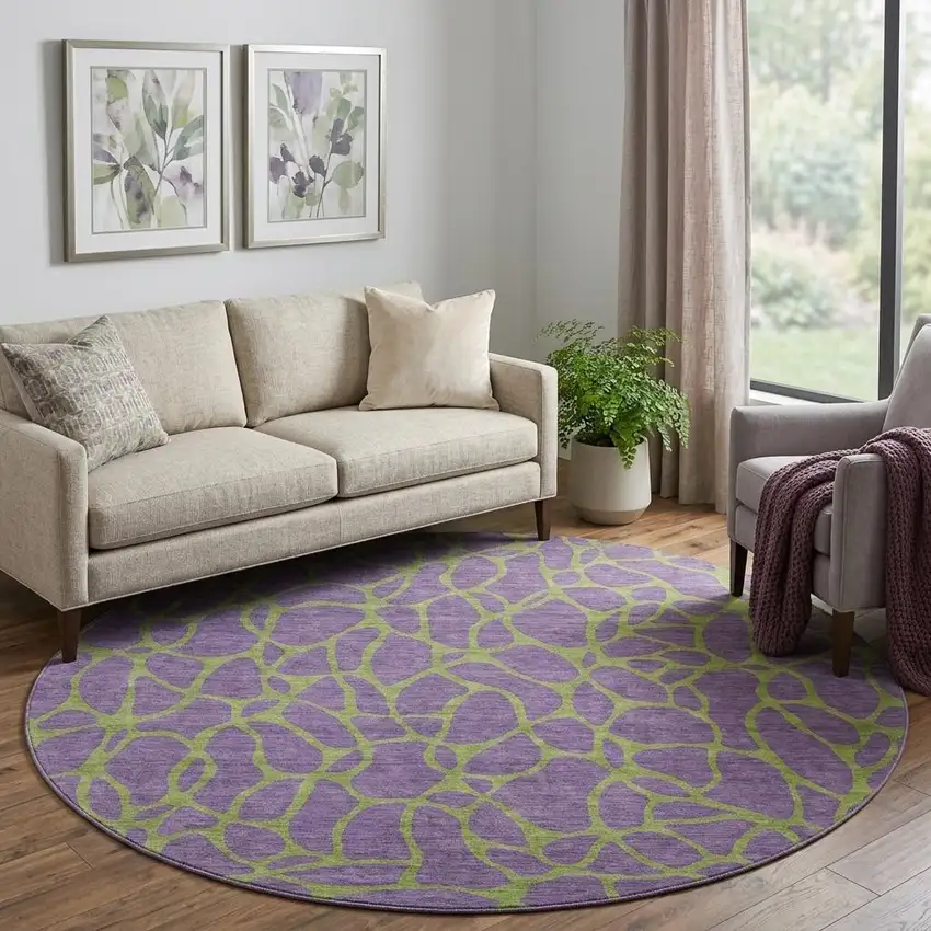 8' Purple And Green Geometric Washable Round Rug With UV Protection Photo 1