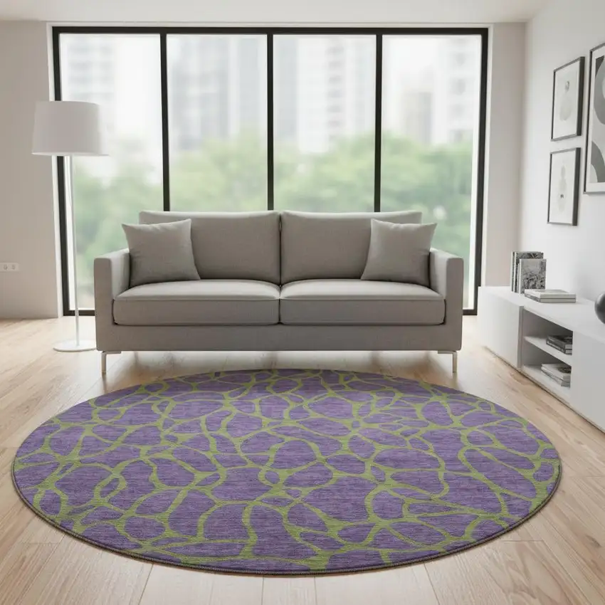 8' Purple And Green Geometric Washable Round Rug With UV Protection Photo 2