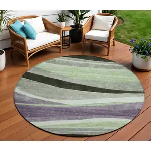 Photo of 8' Purple And Green Round Abstract Washable Indoor Outdoor Area Rug