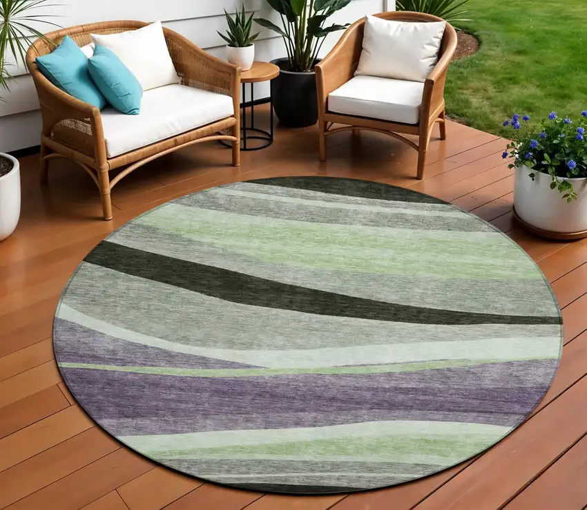 8' Purple And Green Round Abstract Washable Indoor Outdoor Area Rug Photo 1