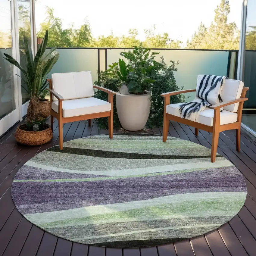 8' Purple And Green Round Abstract Washable Indoor Outdoor Area Rug Photo 6