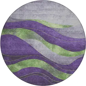Photo of 8' Purple And Green Round Abstract Washable Indoor Outdoor Area Rug