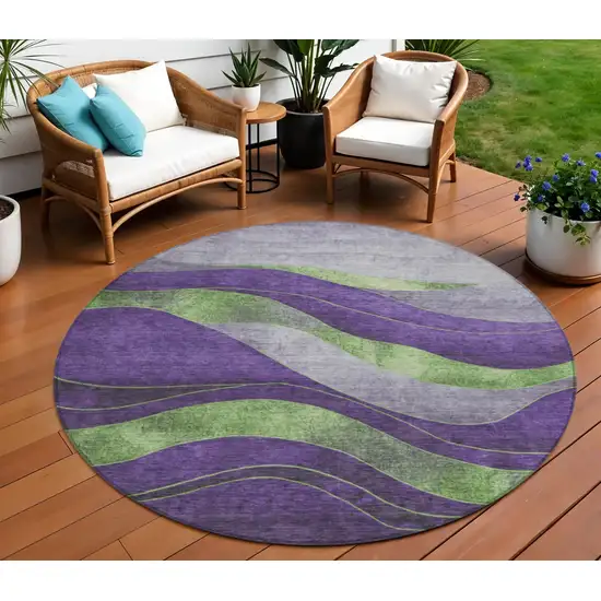8' Purple And Green Round Abstract Washable Indoor Outdoor Area Rug Photo 2