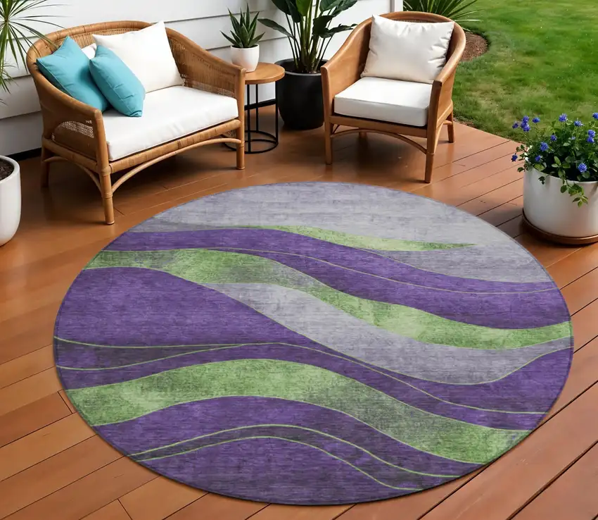8' Purple And Green Round Abstract Washable Indoor Outdoor Area Rug Photo 2