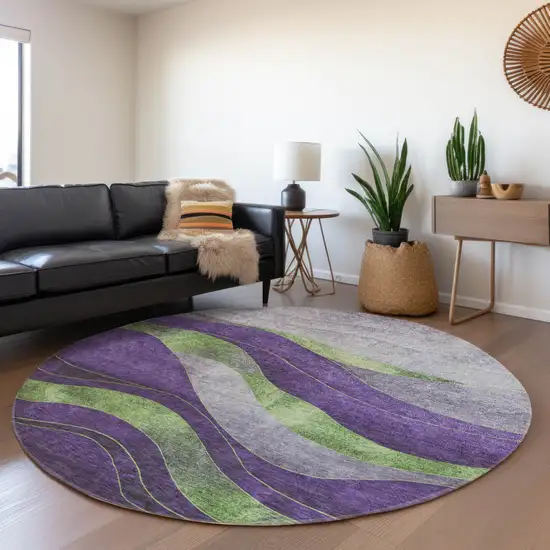 8' Purple And Green Round Abstract Washable Indoor Outdoor Area Rug Photo 6