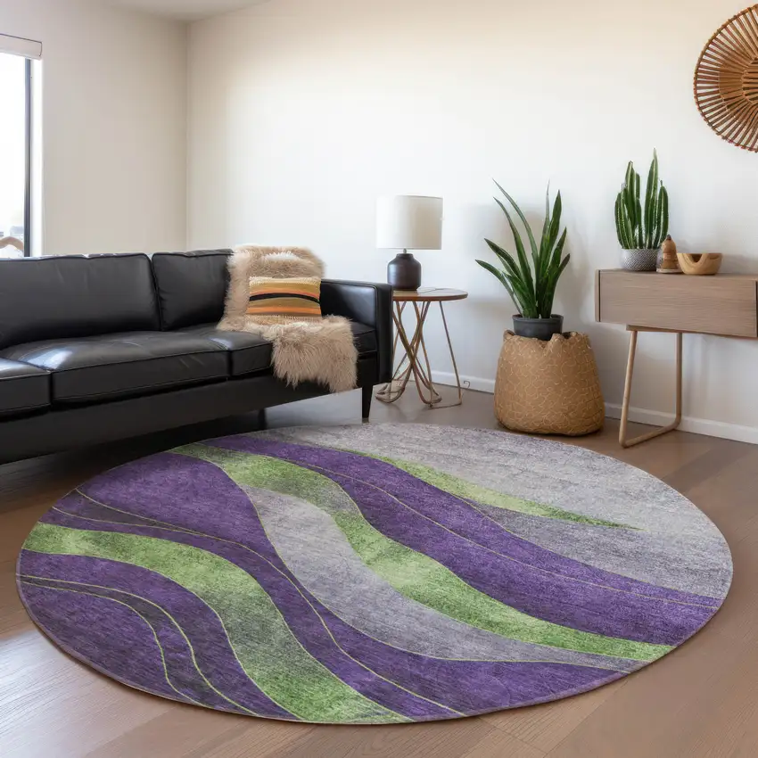 8' Purple And Green Round Abstract Washable Indoor Outdoor Area Rug Photo 6