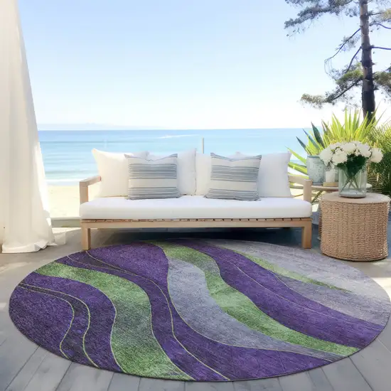 8' Purple And Green Round Abstract Washable Indoor Outdoor Area Rug Photo 5
