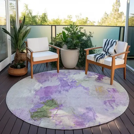 8' Purple And Green Round Abstract Washable Indoor Outdoor Area Rug Photo 5