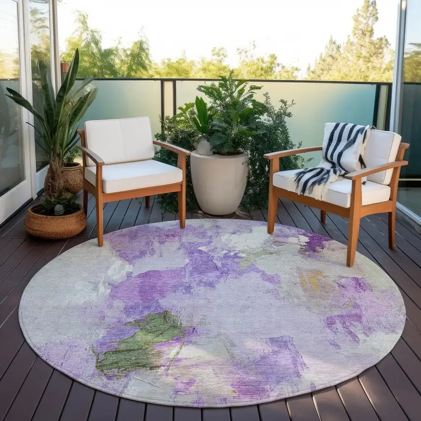 8' Purple And Green Round Abstract Washable Indoor Outdoor Area Rug Photo 5