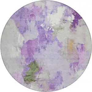 Photo of 8' Purple And Green Round Abstract Washable Indoor Outdoor Area Rug