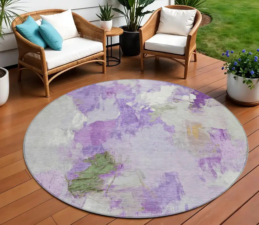 8' Purple And Green Round Abstract Washable Indoor Outdoor Area Rug Photo 2