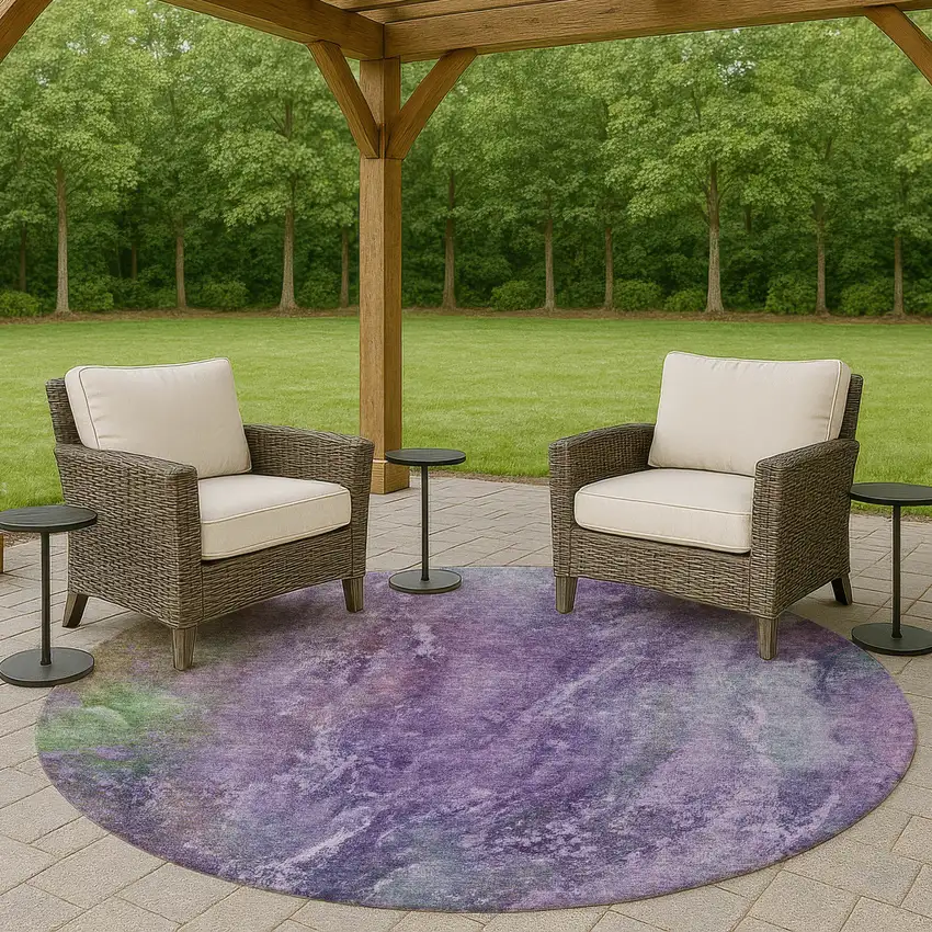 8' Purple And Green Round Abstract Washable Indoor Outdoor Area Rug Photo 8