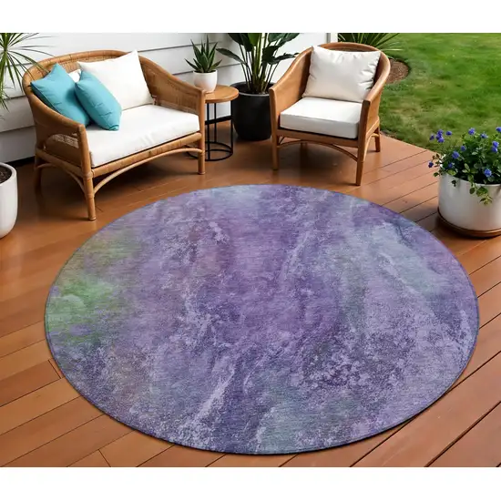 8' Purple And Green Round Abstract Washable Indoor Outdoor Area Rug Photo 1