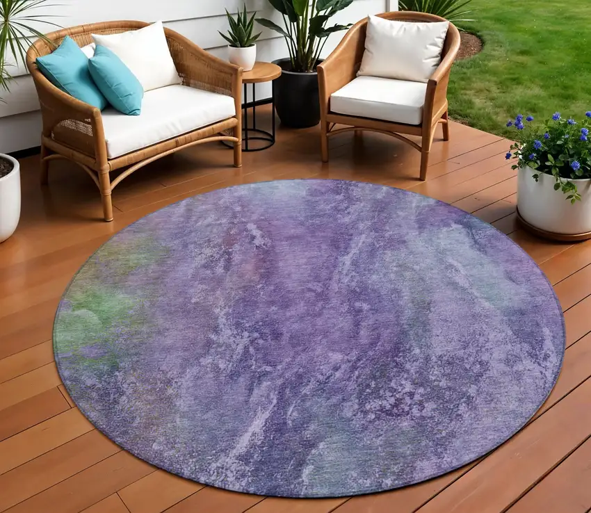8' Purple And Green Round Abstract Washable Indoor Outdoor Area Rug Photo 1