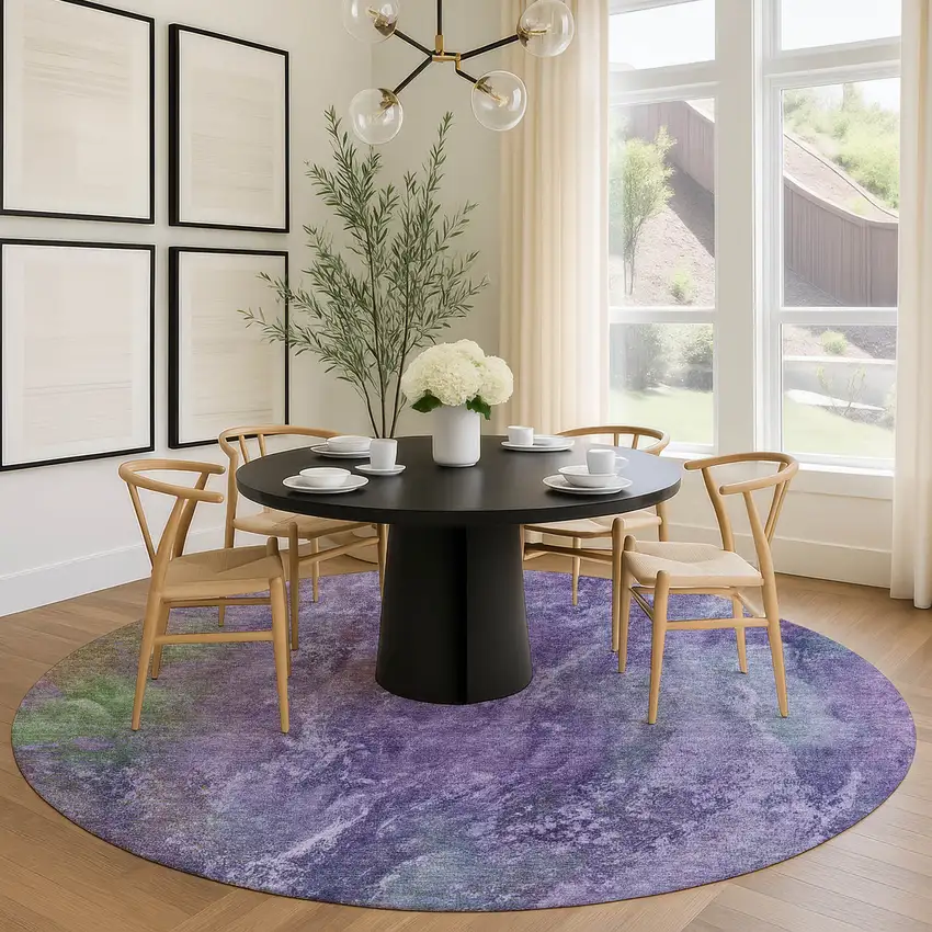 8' Purple And Green Round Abstract Washable Indoor Outdoor Area Rug Photo 9