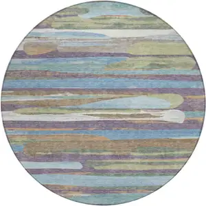 Photo of 8' Purple And Green Round Abstract Washable Indoor Outdoor Area Rug