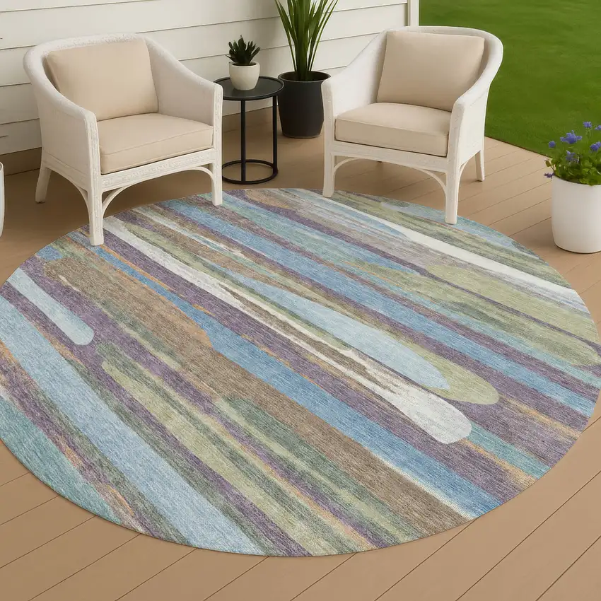 8' Purple And Green Round Abstract Washable Indoor Outdoor Area Rug Photo 4