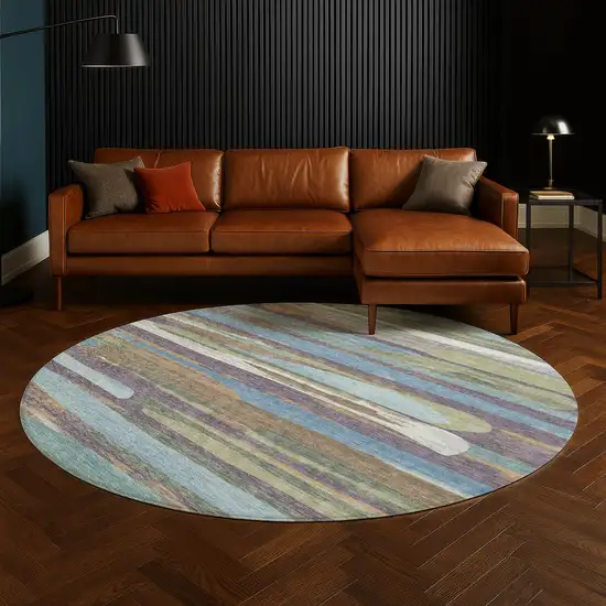 8' Purple And Green Round Abstract Washable Indoor Outdoor Area Rug Photo 5