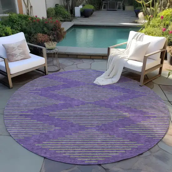 8' Purple And Green Round Geometric Washable Indoor Outdoor Area Rug Photo 6