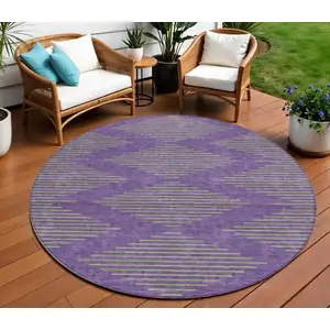 Photo of 8' Purple And Green Round Geometric Washable Indoor Outdoor Area Rug
