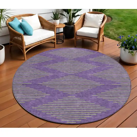 8' Purple And Green Round Geometric Washable Indoor Outdoor Area Rug Photo 1