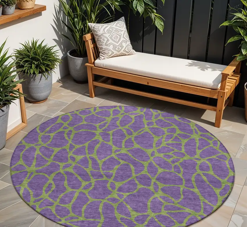 8' Purple And Green Round Geometric Washable Indoor Outdoor Area Rug Photo 1