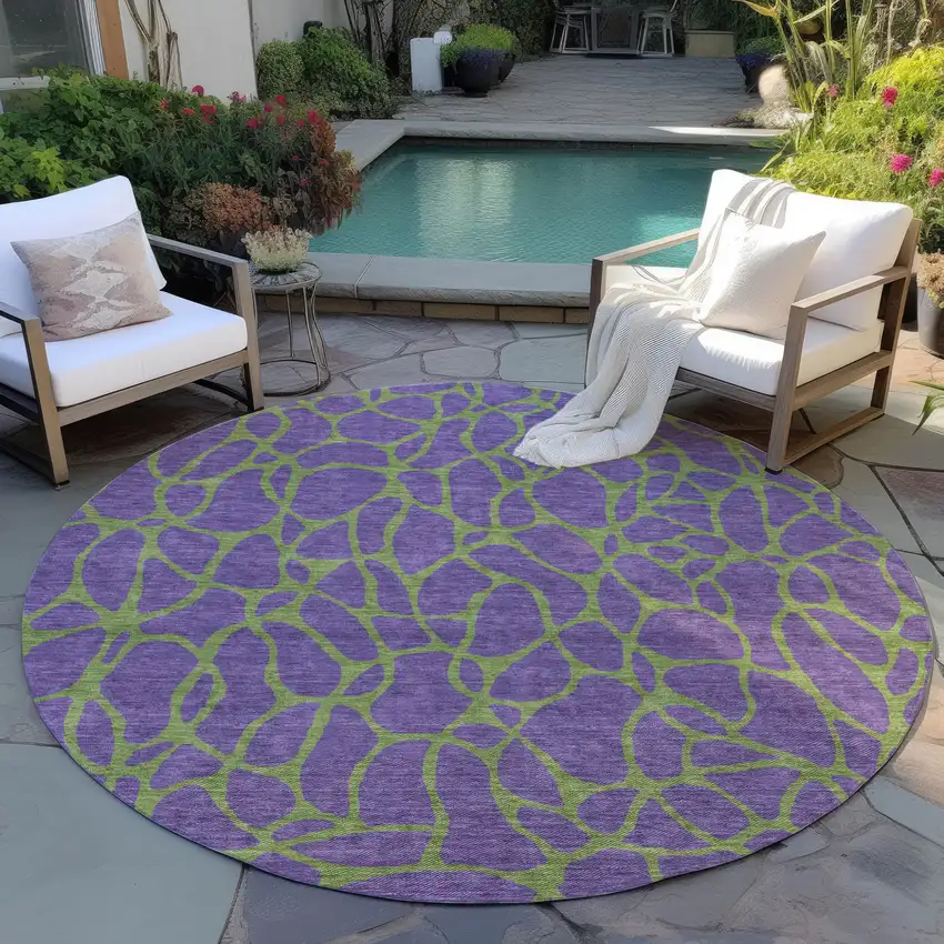 8' Purple And Green Round Geometric Washable Indoor Outdoor Area Rug Photo 6