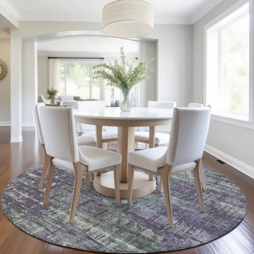 8' Purple And Green Round Geometric Washable Indoor Outdoor Area Rug Photo 6