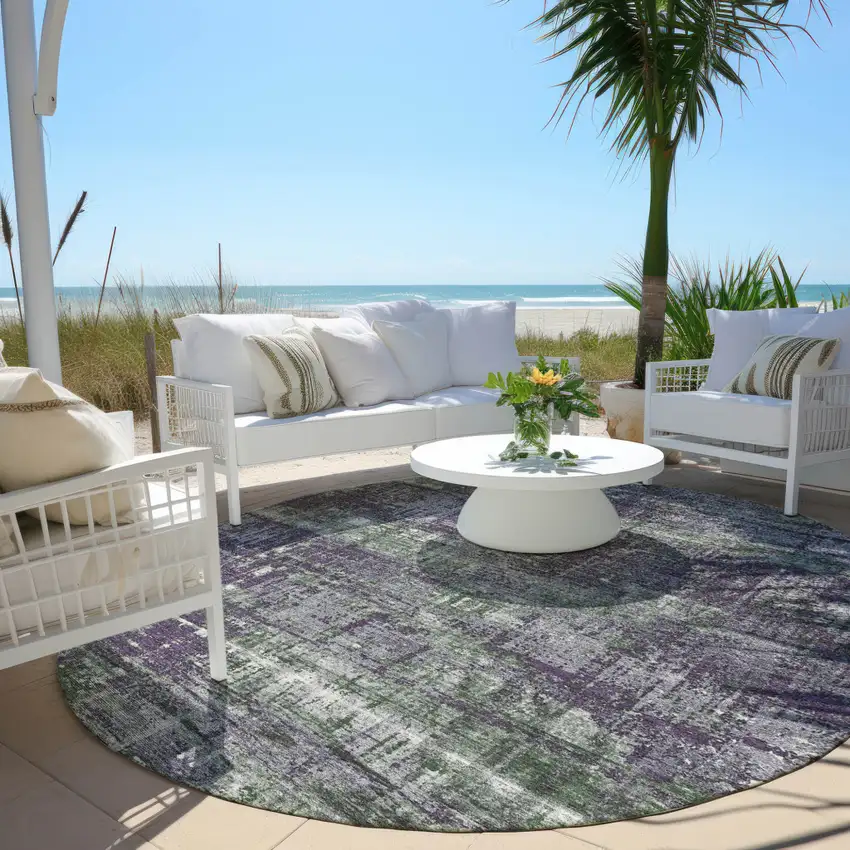 8' Purple And Green Round Geometric Washable Indoor Outdoor Area Rug Photo 5
