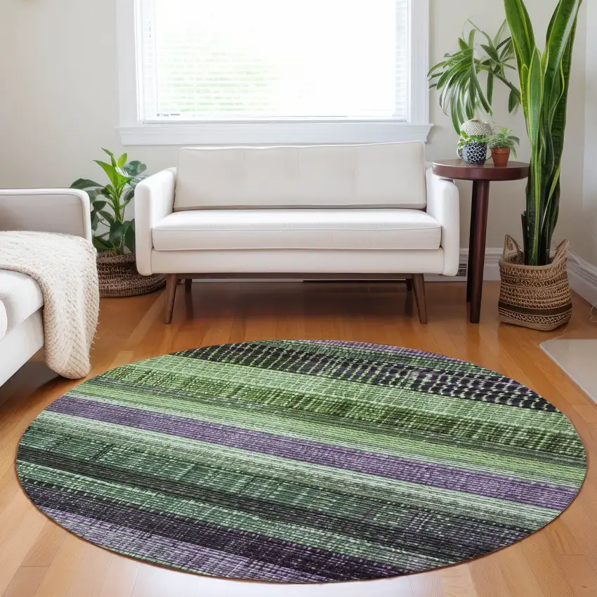8' Purple And Green Round Striped Washable Indoor Outdoor Area Rug Photo 6