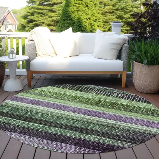 8' Purple And Green Round Striped Washable Indoor Outdoor Area Rug Photo 5