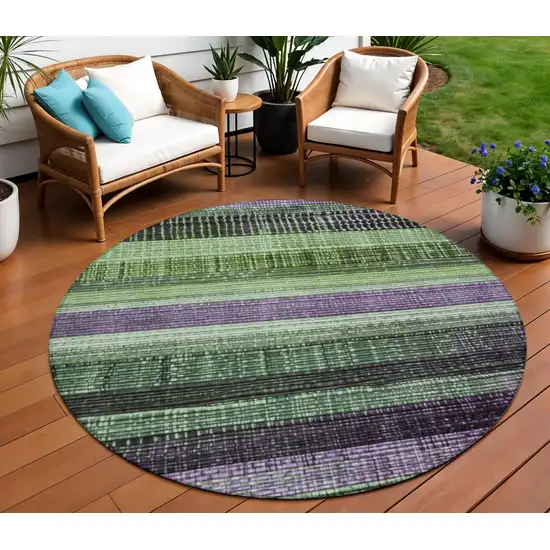 8' Purple And Green Round Striped Washable Indoor Outdoor Area Rug Photo 2