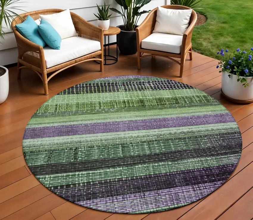 8' Purple And Green Round Striped Washable Indoor Outdoor Area Rug Photo 2