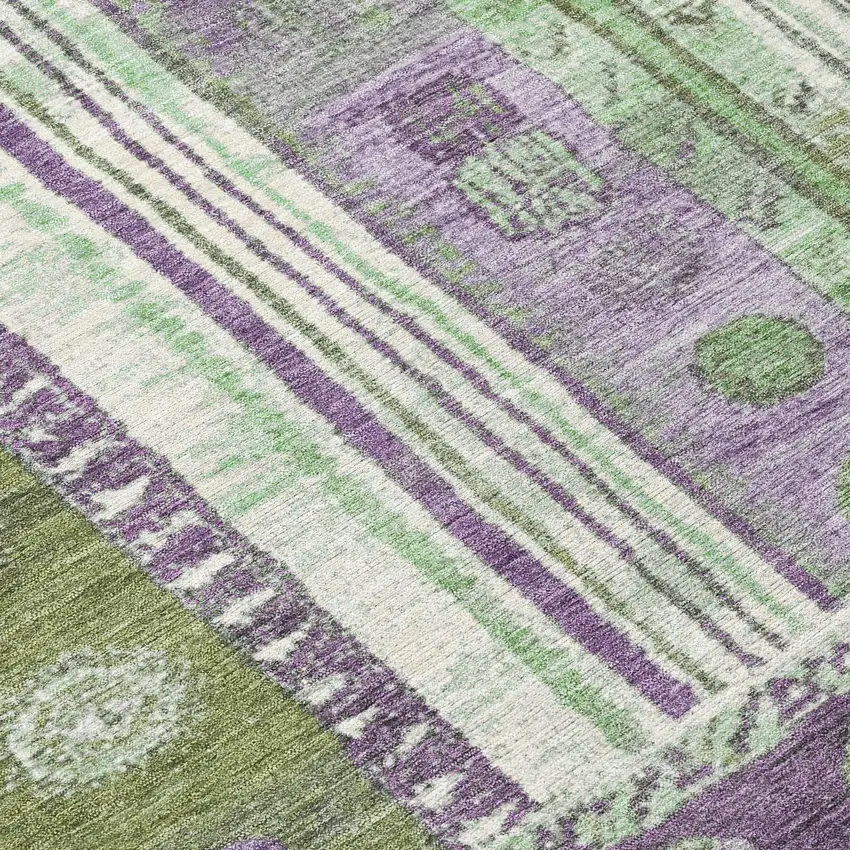 8' Purple And Green Round Striped Washable Indoor Outdoor Area Rug Photo 8