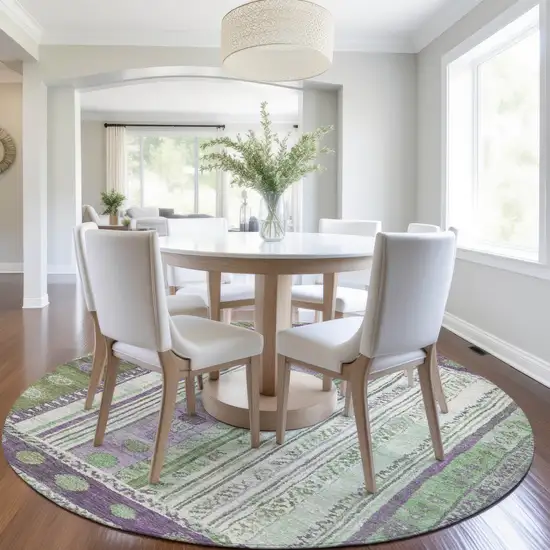 8' Purple And Green Round Striped Washable Indoor Outdoor Area Rug Photo 6