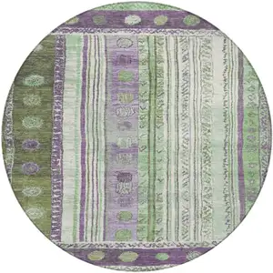 Photo of 8' Purple And Green Round Striped Washable Indoor Outdoor Area Rug