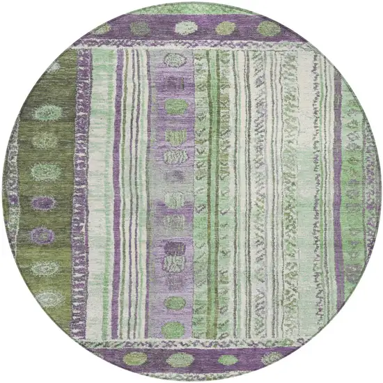 8' Purple And Green Round Striped Washable Indoor Outdoor Area Rug Photo 1