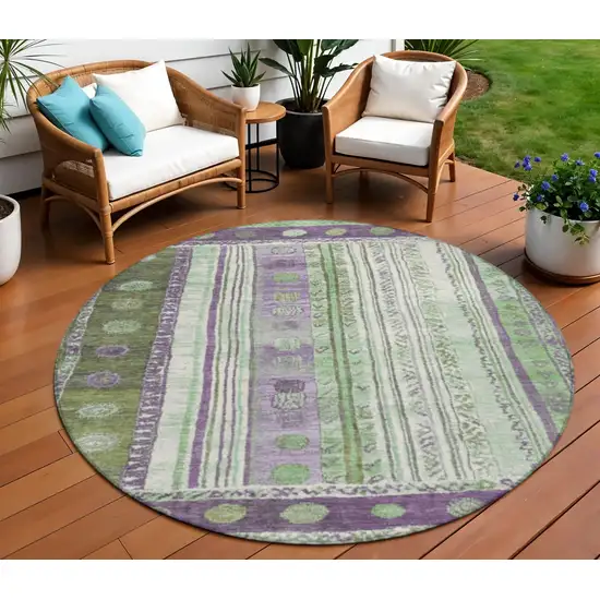8' Purple And Green Round Striped Washable Indoor Outdoor Area Rug Photo 2