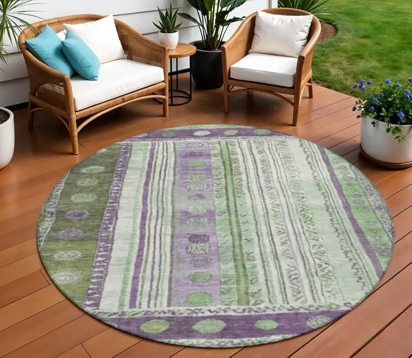 8' Purple And Green Round Striped Washable Indoor Outdoor Area Rug Photo 2