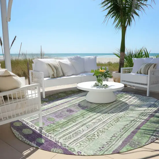 8' Purple And Green Round Striped Washable Indoor Outdoor Area Rug Photo 5