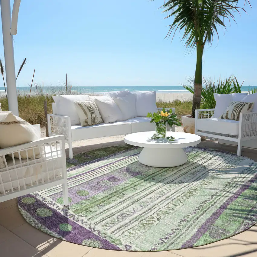 8' Purple And Green Round Striped Washable Indoor Outdoor Area Rug Photo 5