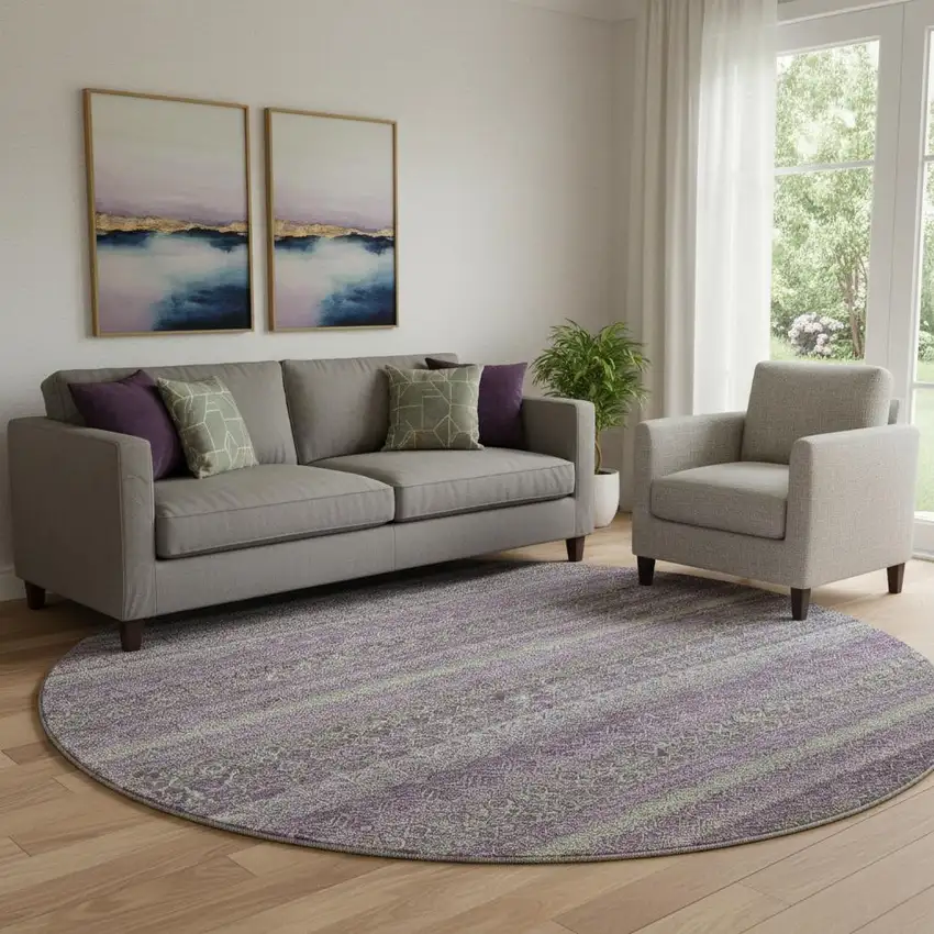 8' Purple And Green Striped Washable Round Rug With UV Protection Photo 2